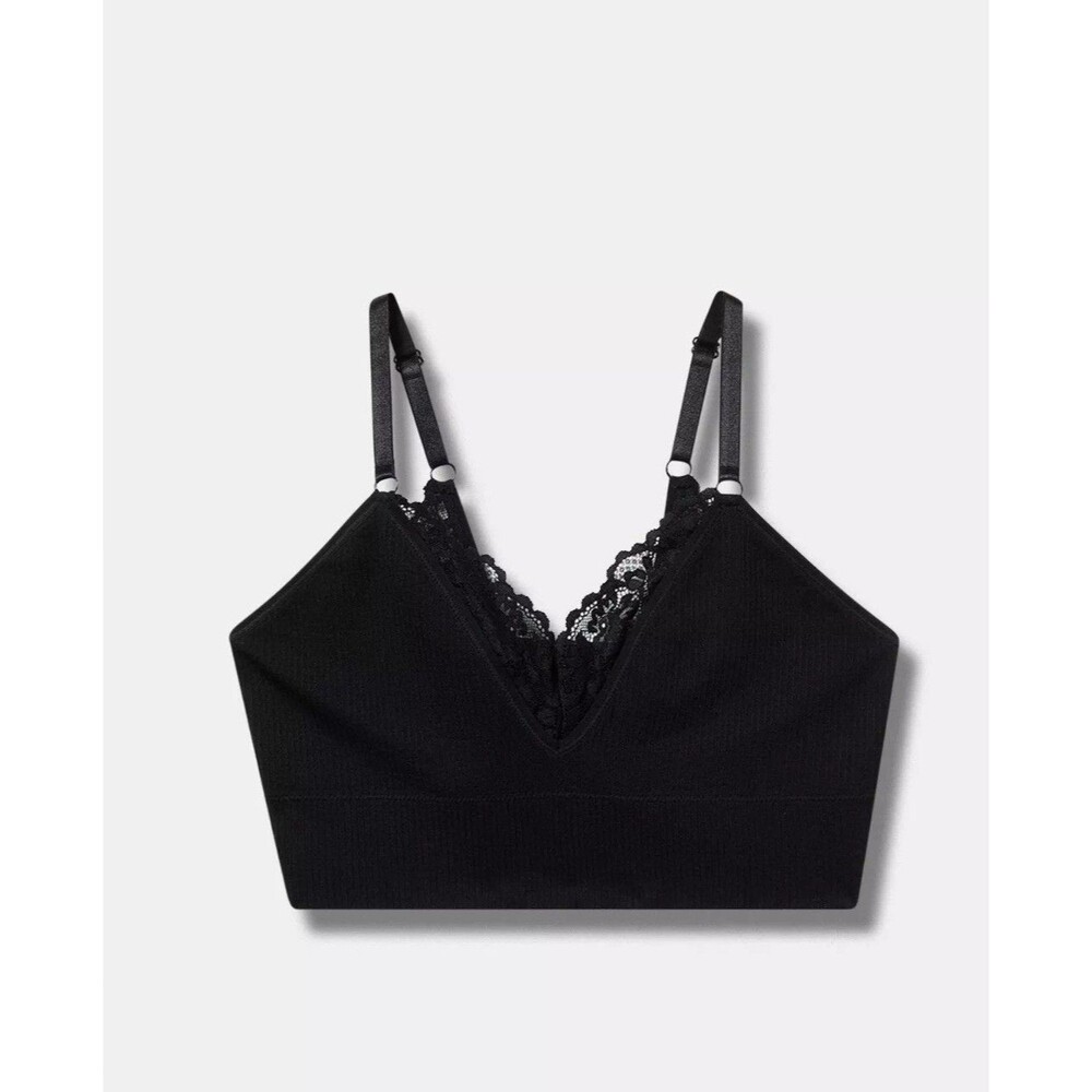 Torrid Bralette Bra Women Plus Sz 1 Black Lace Trim Ribbed Knit Wireless Stretch